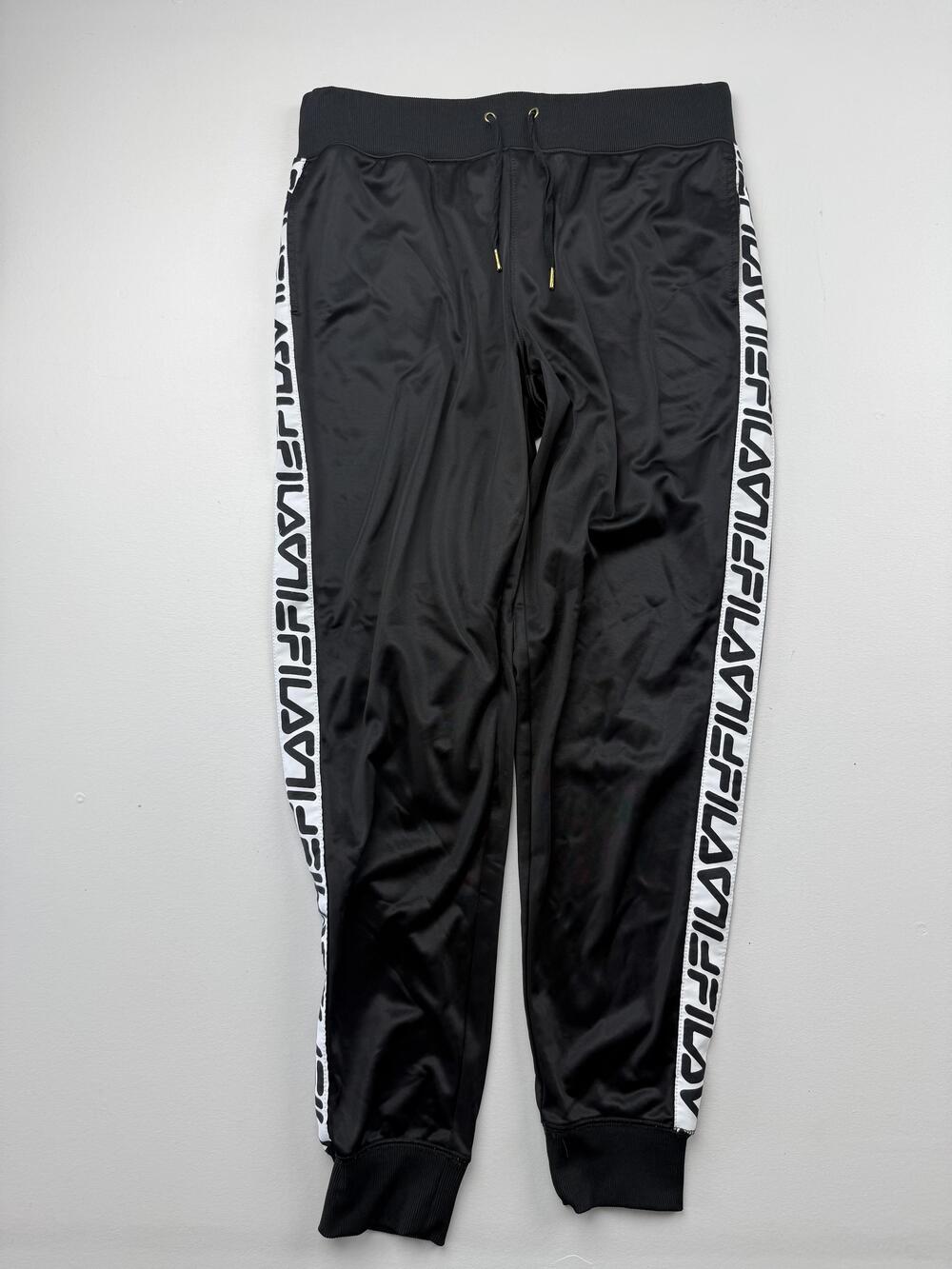 FILA Pants Mens Large Black Fleece Joggers Elastic Waist Logo Side Stripe